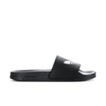 Men's black slide sandals with white adidas trefoil logo on a single strap