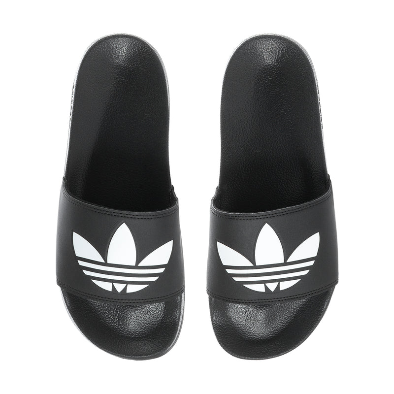 Men's black slide sandals with white adidas trefoil logo on the front