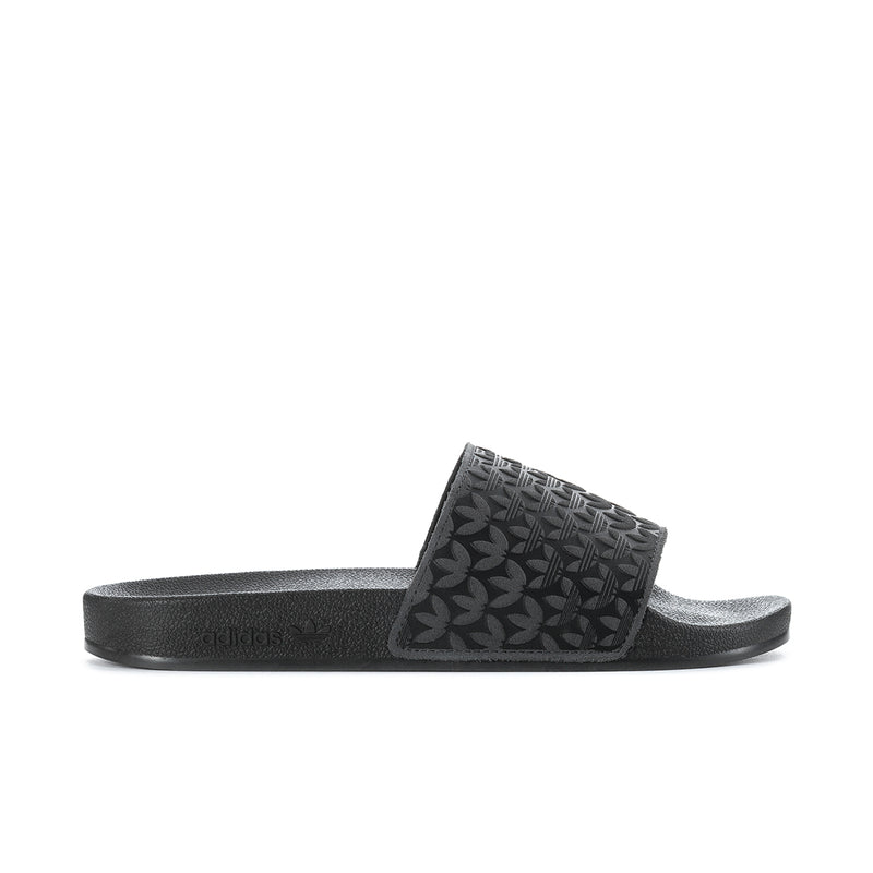 Men's black slide sandals with leaf-patterned strap and textured footbed