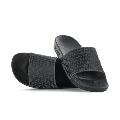 Men's black slide sandals, open toe view with leaf-patterned band and footbed