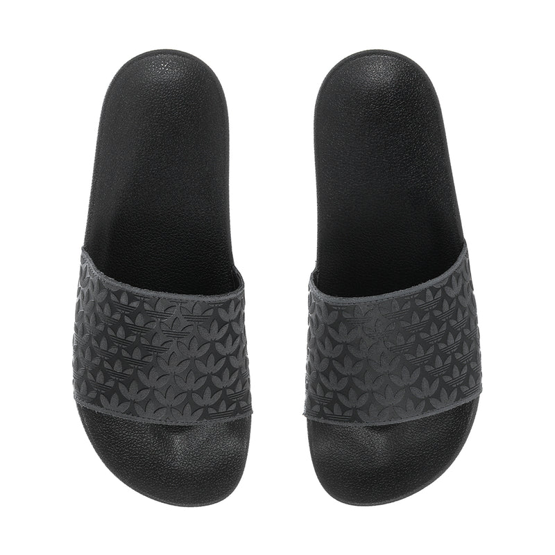 Men's black slide sandals, pair view with leaf-patterned band and cushioned footbeds