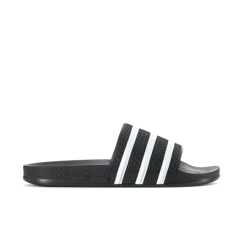 Men's black slide sandals with three white adidas stripes