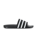 Men's black slide sandals with three white adidas stripes