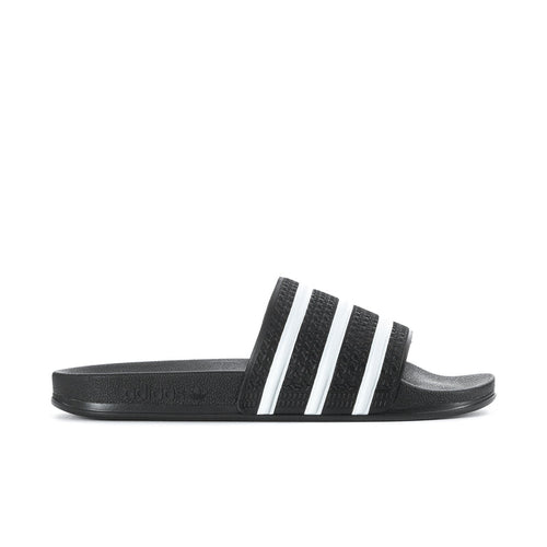 Men's black slide sandals with three white adidas stripes