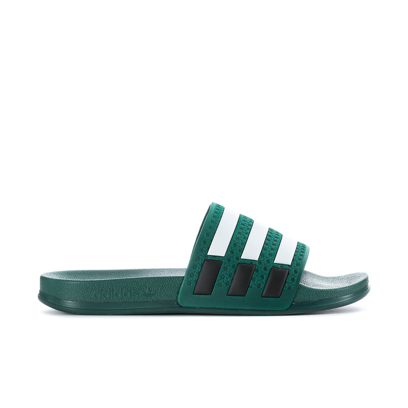 Men's green slide sandals with white triple stripes and black logo accents