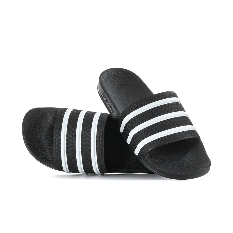Men's black slide sandals with three white striped straps