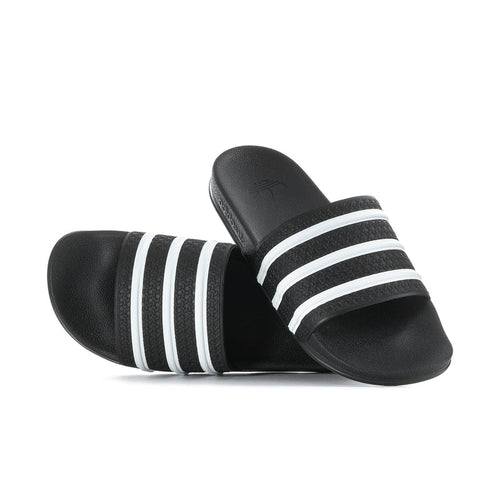 Men's black slide sandals with three white striped straps