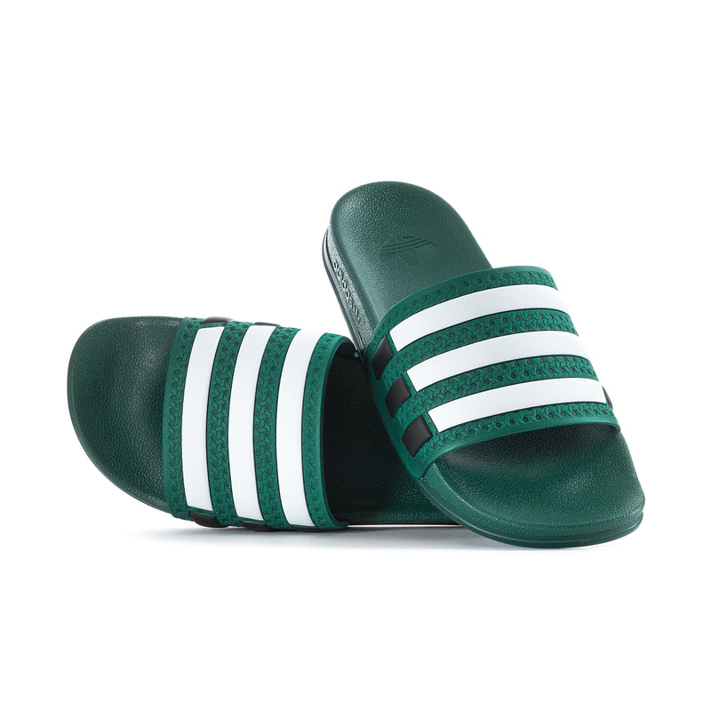 Men's green slide sandals with white triple stripes on crossover strap