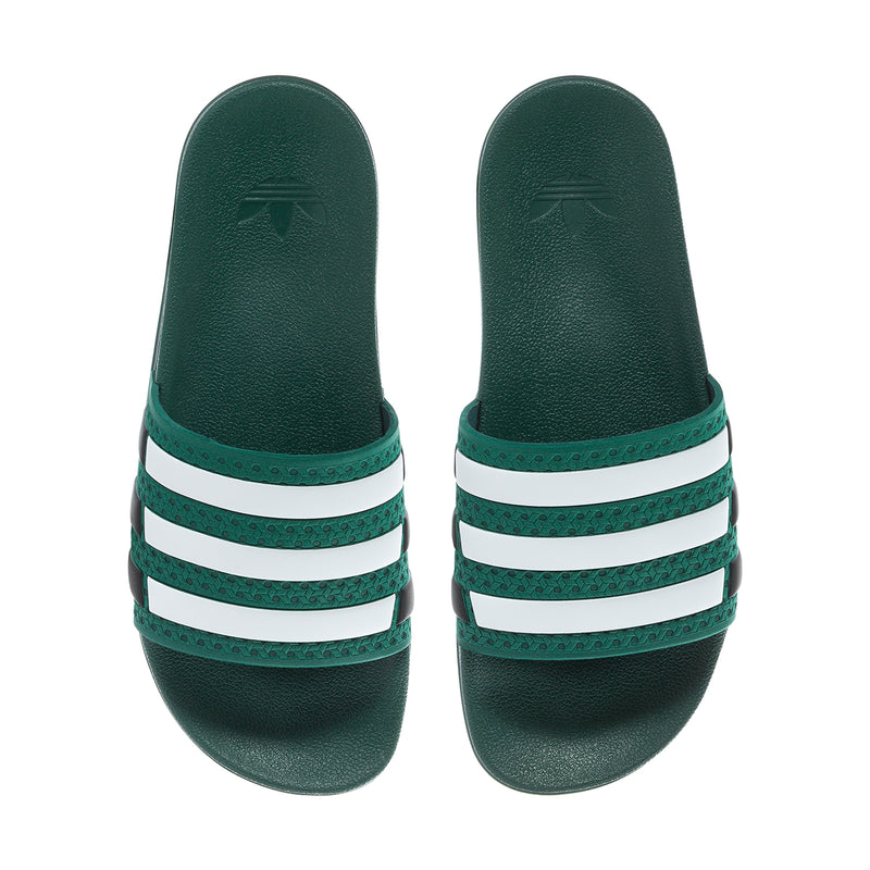 Pair of men's green slide sandals with white triple stripes on uppers