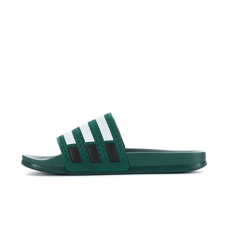 Men's green slide sandals with white triple stripes and black heel logo