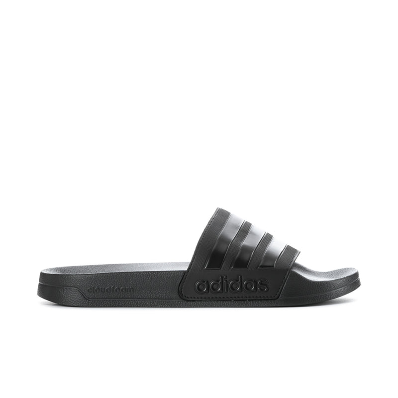 Black slide sandals for men with adidas logo and three strap stripes