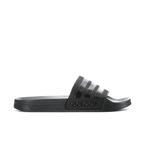Black slide sandals for men with adidas logo and three strap stripes