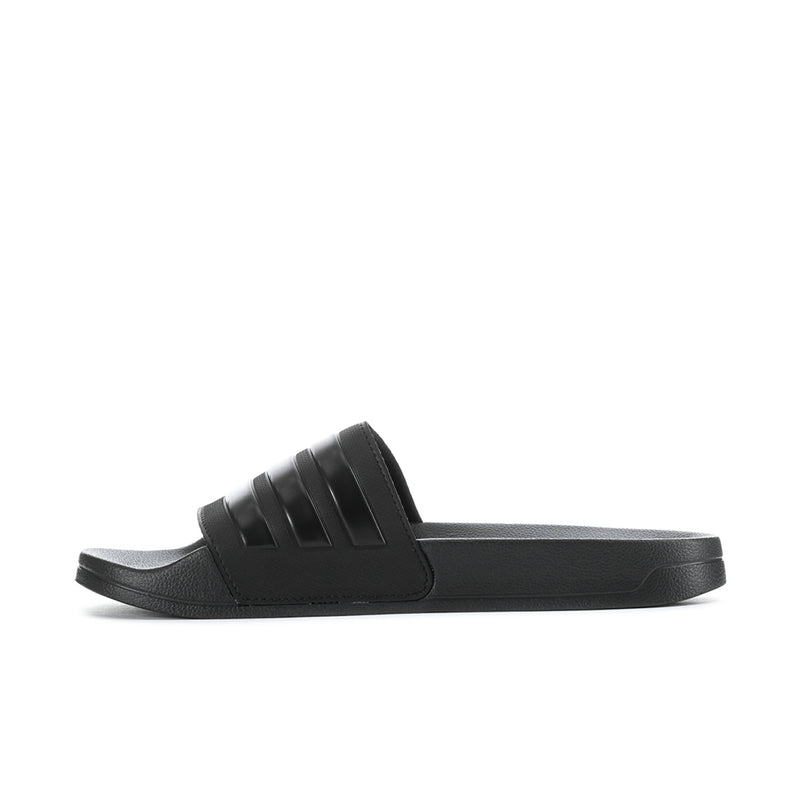 Black slide sandals with adidas three-stripe upper and cushioned slide footbed