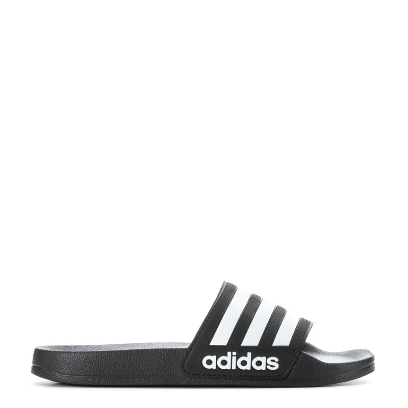 Youth slide sandal in black with three white adidas stripes and adidas logo