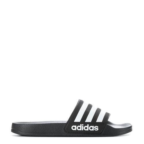 Youth slide sandal in black with three white adidas stripes and adidas logo