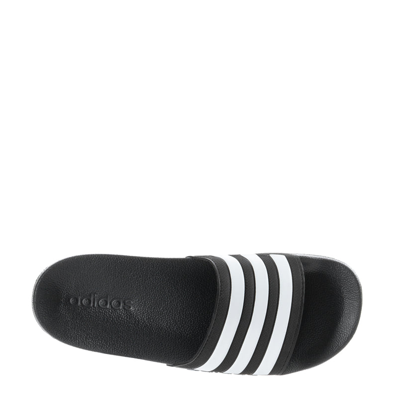 Black slide sandal strap with white three stripes; embossed adidas on footbed