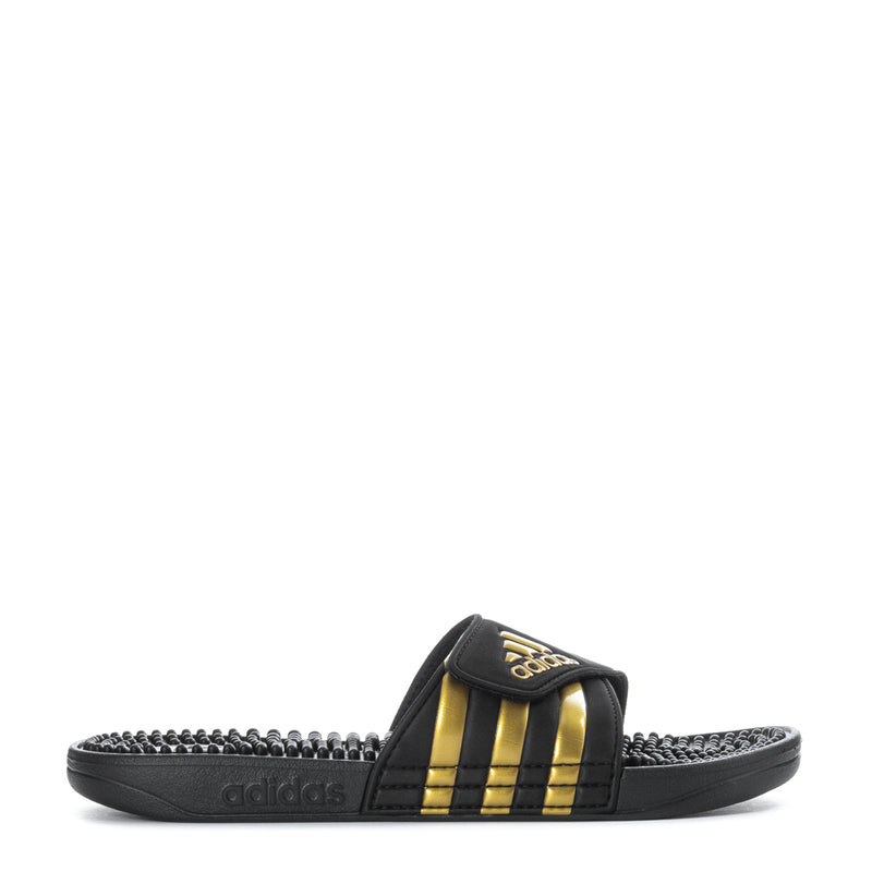 Men's black slide sandals with gold triple stripes and studded footbed