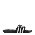Men's black adidas slide sandal, white three-stripe bands, textured footbed
