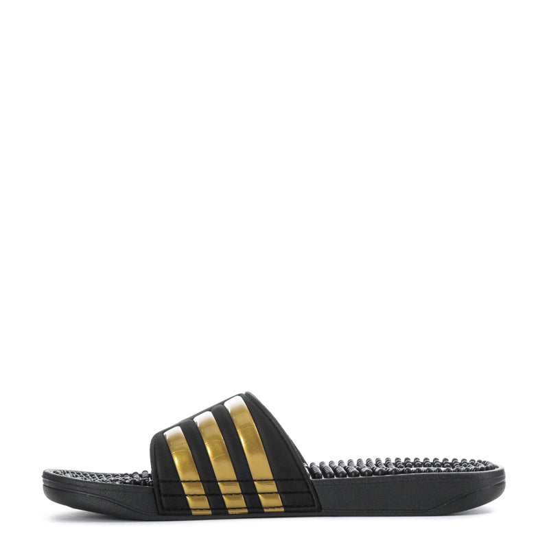 Men's black slide sandals with gold striped strap and studded footbed