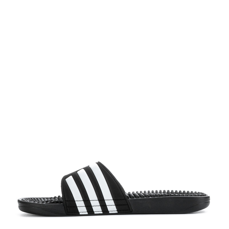 Men's black adidas slide sandal with white three-stripe upper band