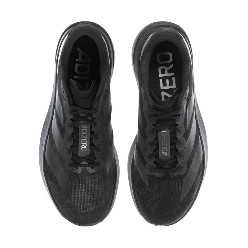 Pair of black shoes with mesh uppers and Adizero logo on the tongue