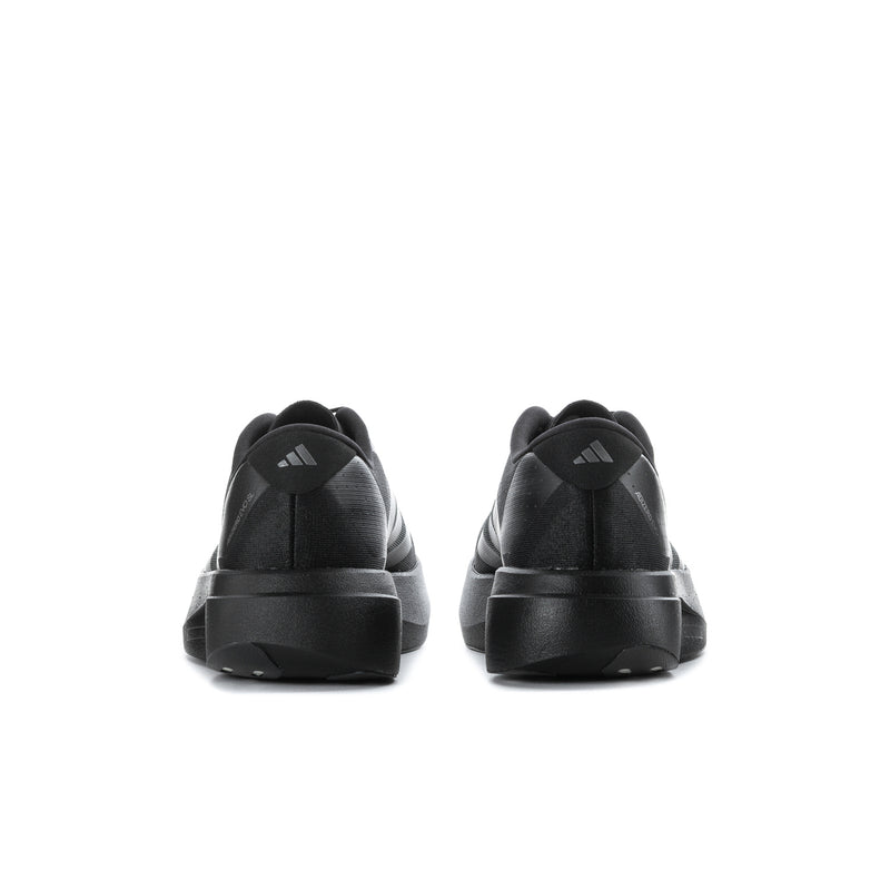 Black running sneakers from heel view with pull tab and cushioned collar