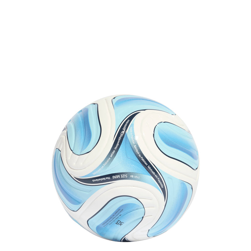 Light blue and white football with textured surface and black accent stripes
