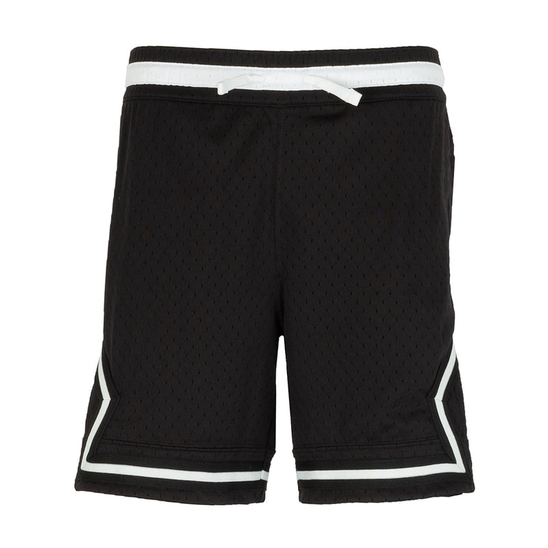 Youth black basketball shorts with white trim and diamond pattern, elastic waistband