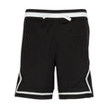 Youth black basketball shorts with white trim and diamond pattern, elastic waistband