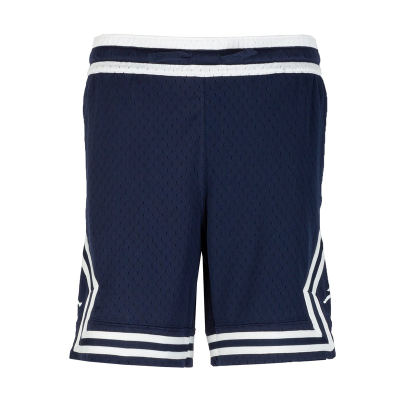 Youth navy athletic shorts with white striped hem and side Jumpman graphic
