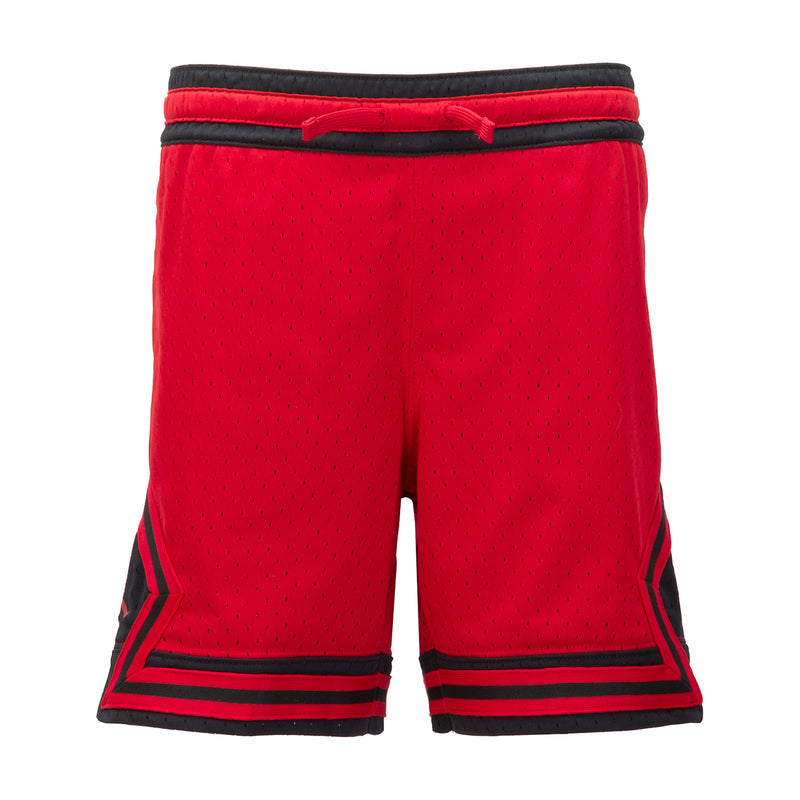Youth red basketball shorts with black trim and striped hem cuffs