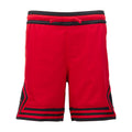 Youth red basketball shorts with black trim and striped hem cuffs