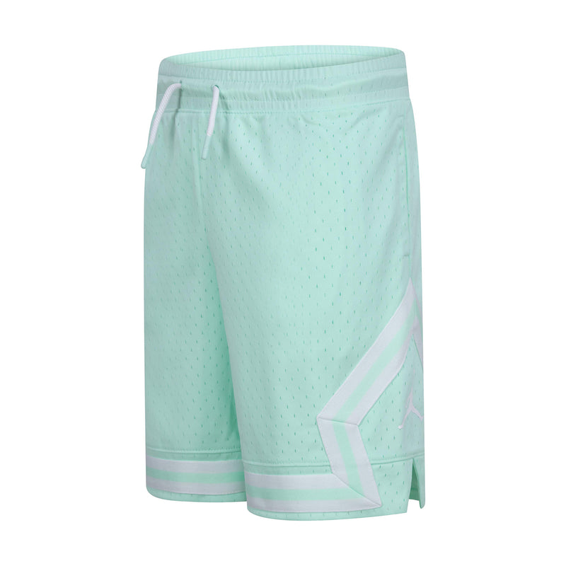 Youth mint athletic shorts, side view with drawstring and angled chevron stripe detail