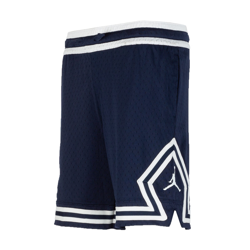 Youth navy athletic shorts, elastic waistband, white stripes and Jumpman patch