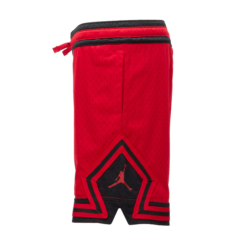 Youth red basketball shorts, back view with Jumpman logo and black trim