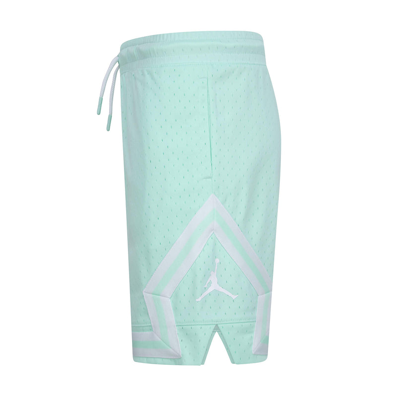 Youth mint athletic shorts with drawstring and large Air Jordan logo patch on leg