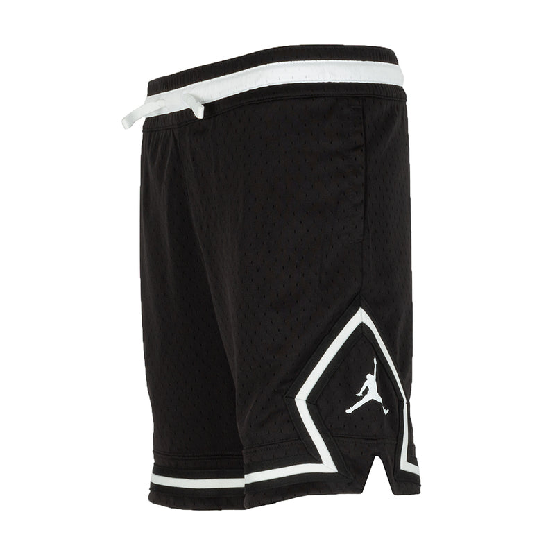 Youth black basketball shorts with white-trimmed side panel and Jordan logo, diamond texture