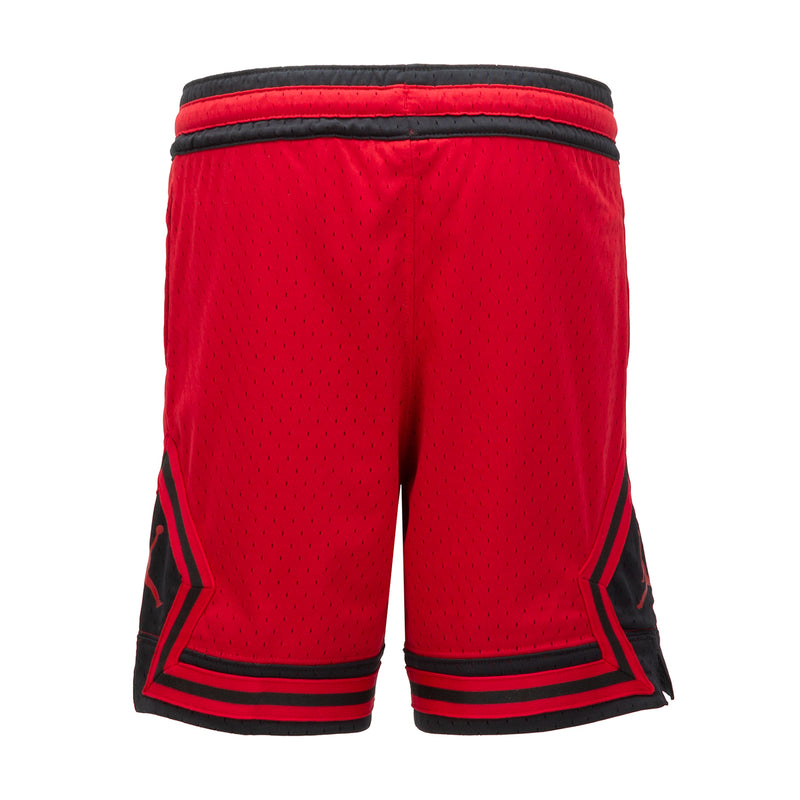 Youth red basketball shorts with elastic waistband and black side panels