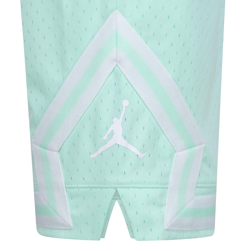 Air Jordan logo graphic on youth mint shorts with white and light green chevron accents