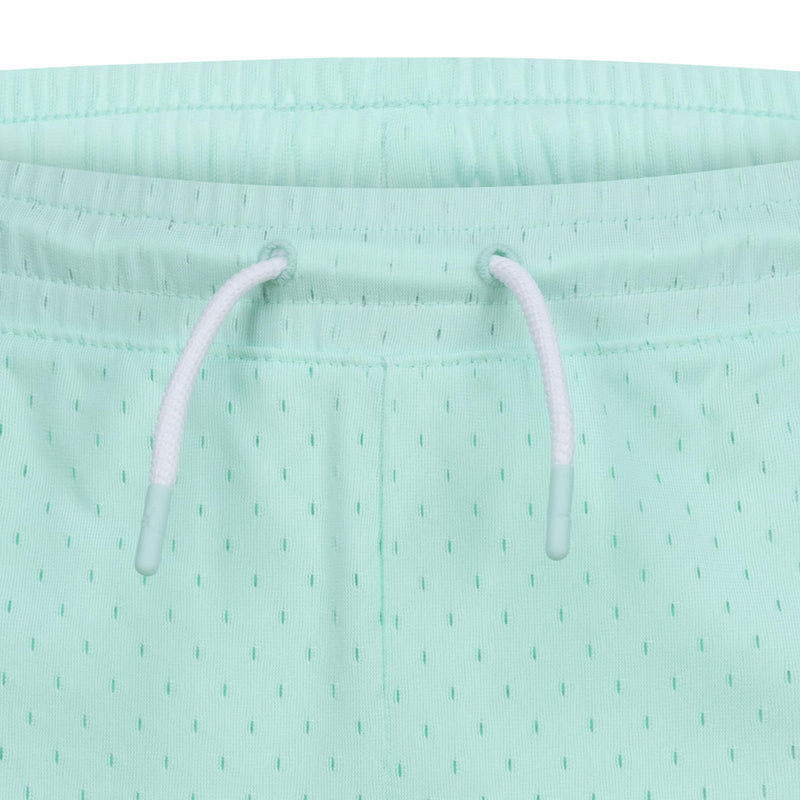 Mint youth shorts waistband with white drawstrings and fine textured dot pattern