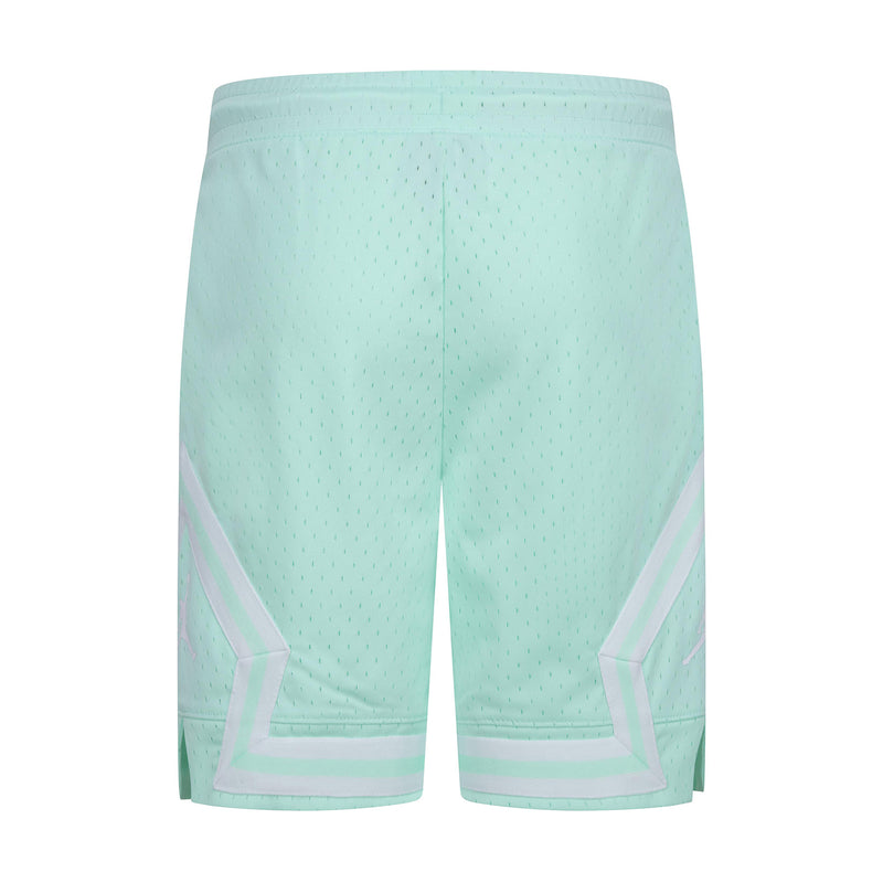 Youth mint athletic shorts, back view with striped side panels and elastic leg openings