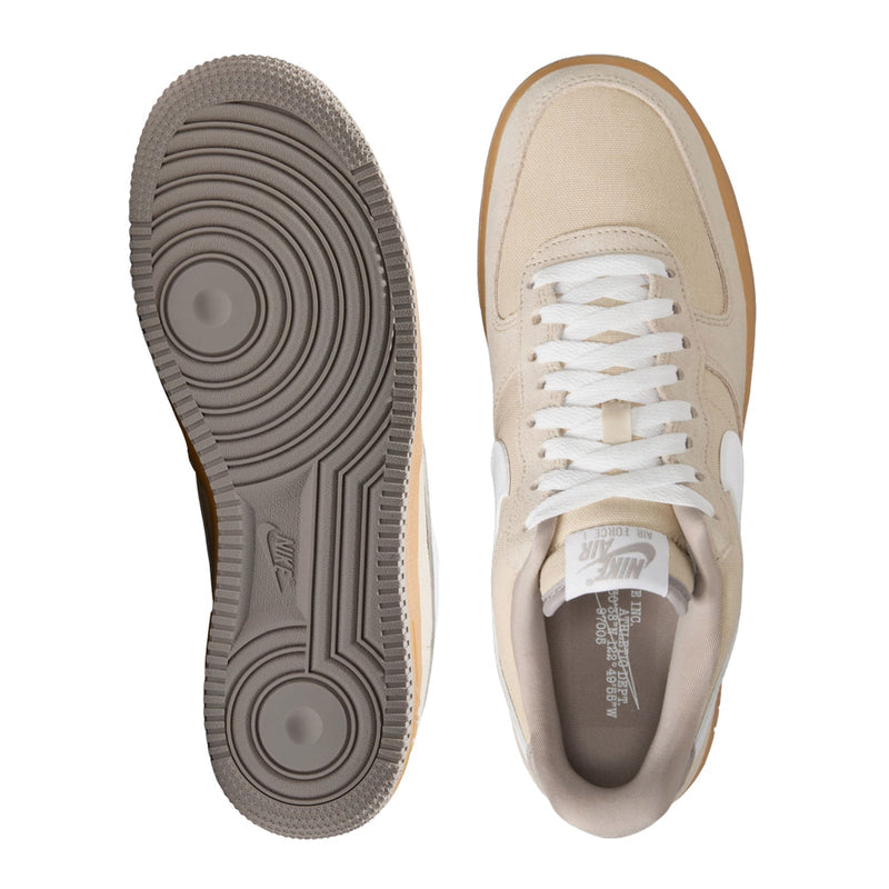 Nike Air Force 1 sneakers outsole and toe view, dark rubber tread with light upper.