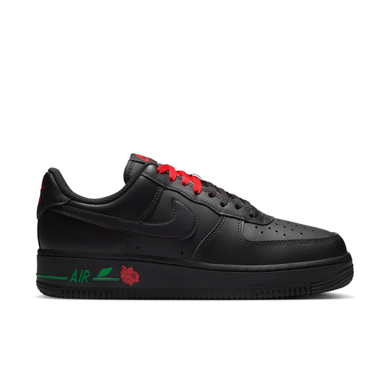 Womens Nike Air Force 1 low-top sneaker, black leather with red laces and green accents