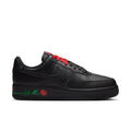 Womens Nike Air Force 1 low-top sneaker, black leather with red laces and green accents