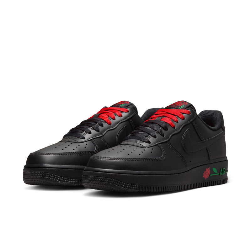 Womens Nike Air Force 1 sneakers, side-by-side view, black leather with red laces