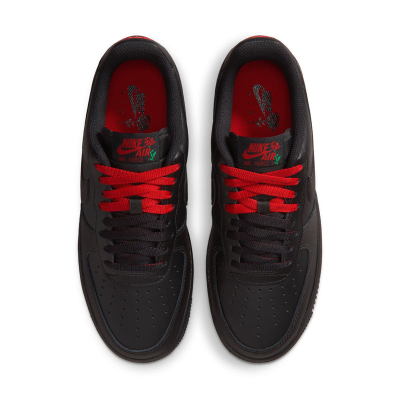 Womens Nike Air Force 1 tongue and lace tops, black uppers with red interior and laces