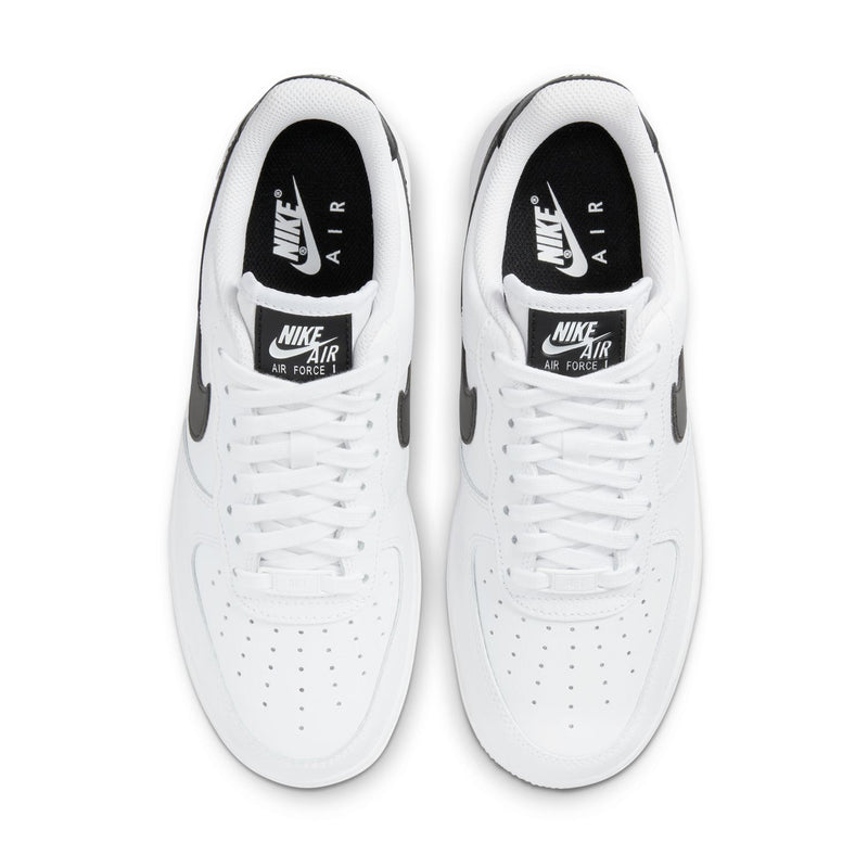 Women’s white Air Force 1 sneakers, top view with white laces and perforations