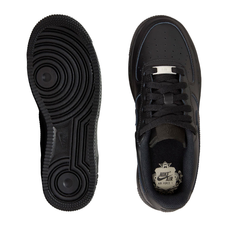 Black Nike youth sneakers, outsole tread and tongue/heel detail with Air branding
