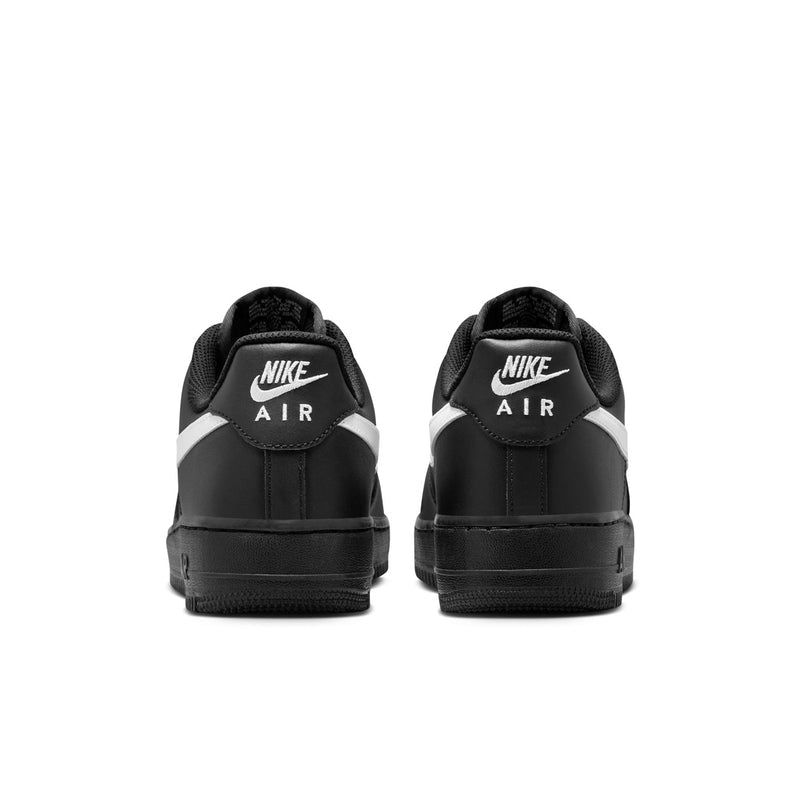 Nike Air Force 1 Low black sneakers, back view with Nike Air branding on heels
