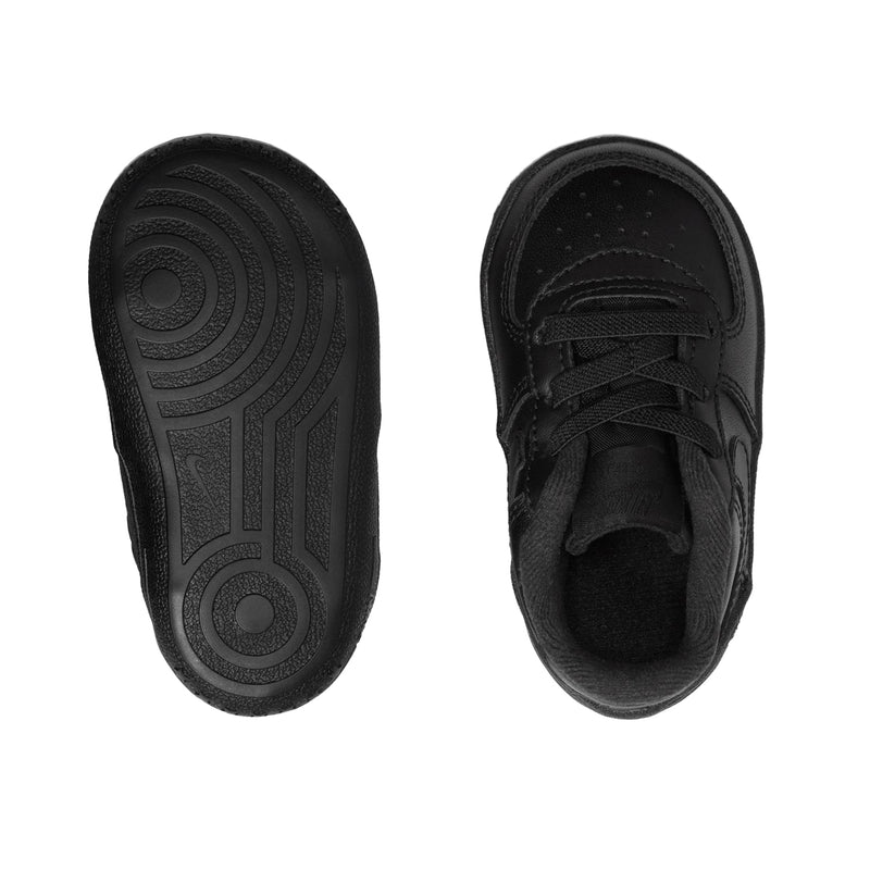 Infant sneaker with dark rubber outsole and open interior collar